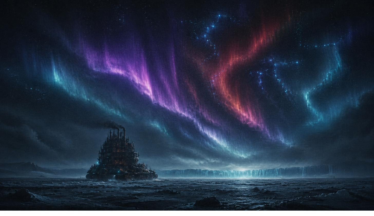 The Iron Veil ice wall glowing beneath a burning aurora on the disc world of Cogheim