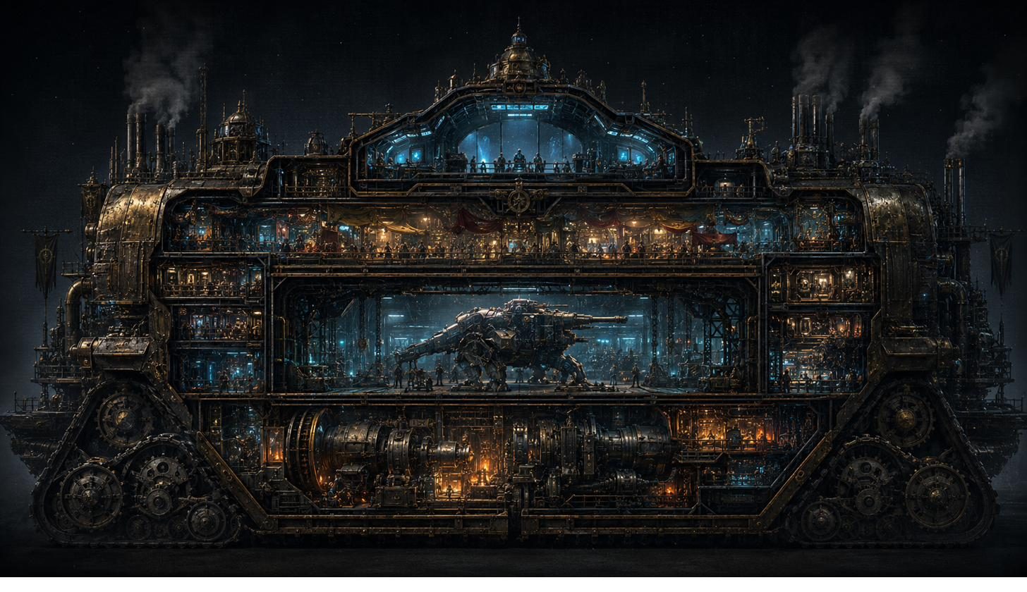 Cross-section view of the walkable interior decks of a Cogheim Strider fortress-city